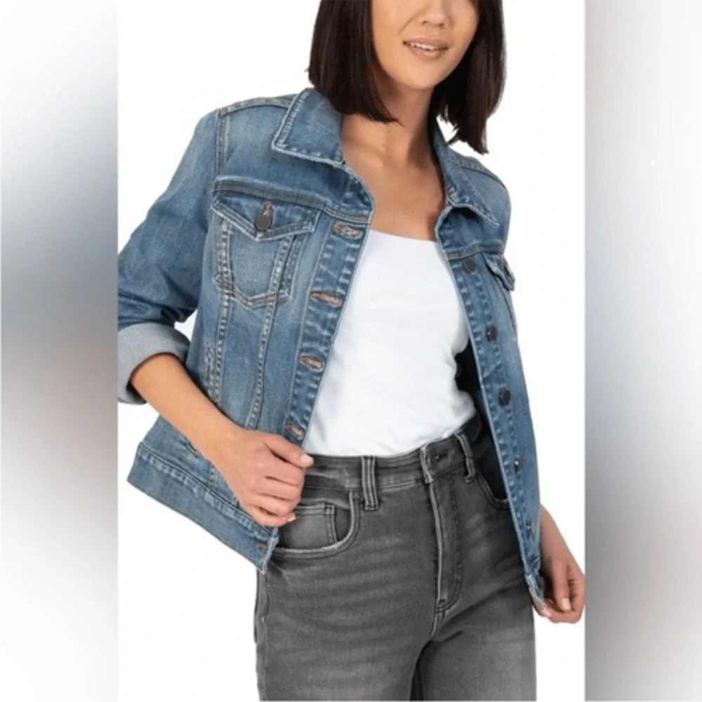 Cosmic Blue Love Luminary Denim Jacket Medium Wash Button Front Classic Fit XS
